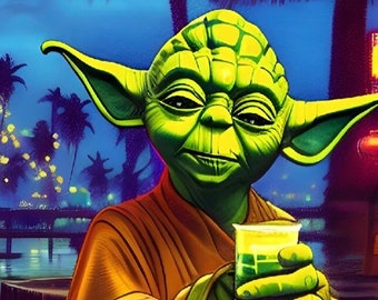 Star Wars Tiki Art - Yoda at The Tiki Bar - Star Wars Poster - Yoda Best Tiki Drink