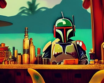 Star Wars Tiki Art - Boba Fett at the Tiki Bar - Original Mid-Century Modern Artwork