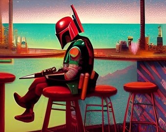 Star Wars Tiki Art - Boba Fett at the Tiki Bar - Original Mid-Century Modern Artwork