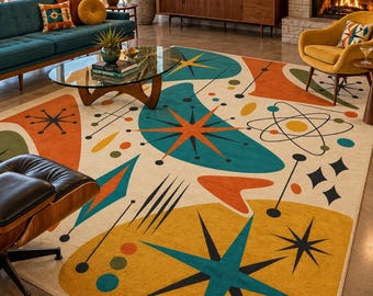 Alfombra con estampado atómico de mediados de siglo / Diseño geométrico retro de la era espacial
