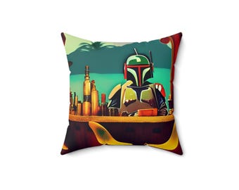 Boba Fett Tiki Vibes Kissen - Von Star Wars inspiriertes Dekor für Ihren galaktischen Tiki-Rückzug - Quadratisches Kissen aus gesponnenem Polyester