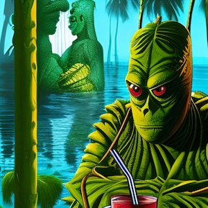 Creature From the Black Lagoon Tiki Art - Classc Monster at the Tiki Bar - Original Mid-Century Modern Artwork