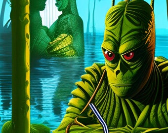 Creature From the Black Lagoon Tiki Art - Classc Monster at the Tiki Bar - Original Mid-Century Modern Artwork