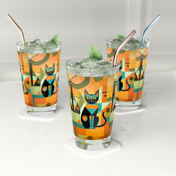 Mid Century Modern Cat 16oz Glass - Atomic Cat, Cocktail, Mocktail, Beer, Water, Geometric Groovy Retro Pint Glass