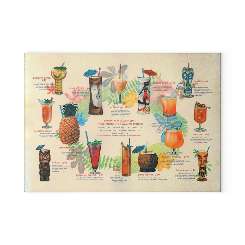 Glasskärbräda Vintage Tiki Drinks Hawaiian Village - Retro Charm för ditt kök - Unik present till Tiki Bar-entusiaster bild 2