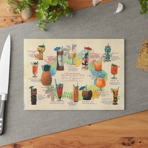 Glass Cutting Board Vintage Tiki Drinks Hawaiian Village - Retro Charm for your Kitchen - Unique Gift for Tiki Bar Enthusiasts