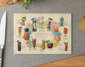Glass Cutting Board Vintage Tiki Drinks Hawaiian Village - Retro Charm for your Kitchen - Unique Gift for Tiki Bar Enthusiasts