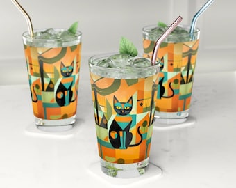 Mid Century Modern Cat 16oz Glass - Atomic Cat, Cocktail, Mocktail, Beer, Water, Geometric Groovy Retro Pint Glass