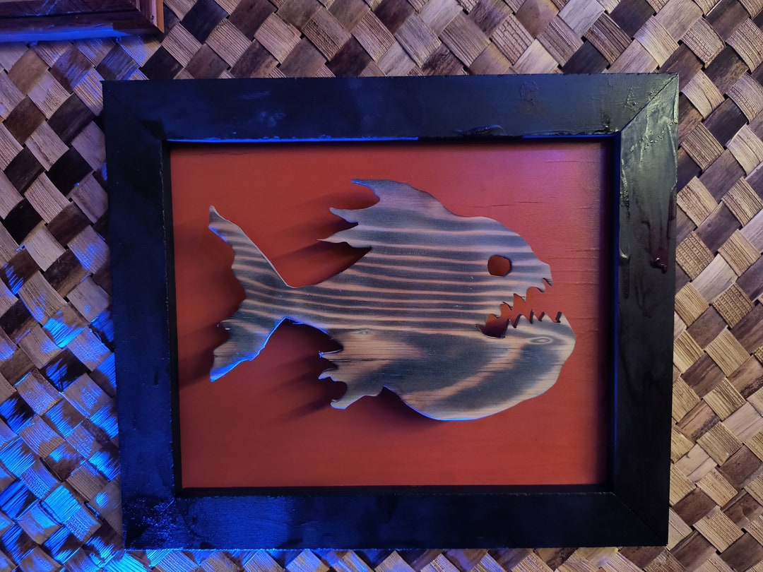 Tiki Piranha Wood Carving Framed Wall Art One of a Kind Etsy