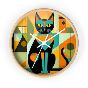 May include: A black cat with teal and orange accents sits in the center of a geometric pattern of teal, orange, yellow, and green. The cat is surrounded by a wooden frame.