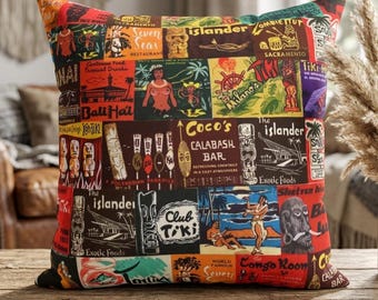 Vintage Tiki Bar Matchbook Collage Pillow | Spun Polyester Square Pillow