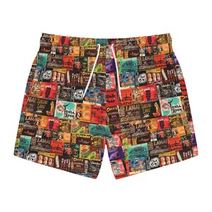 Vintage Tiki Bar Matchbook Swim Trunks - Retro Beachwear with Aloha Design