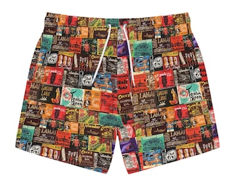 Vintage Tiki Bar Matchbook Swim Trunks - Retro Beachwear with Aloha Design