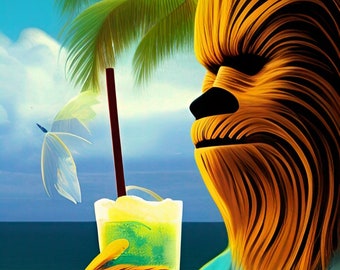 Chewbacca Tiki Art - Chewbacca en el Tiki Bar - Obra de arte moderna original de Star Wars de mediados de siglo