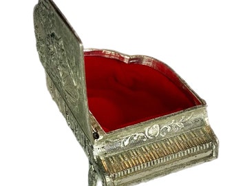 Trinket Box Vintage Silver Tone metal Grand Piano Pill Box Courting Couple Ring Box Patina