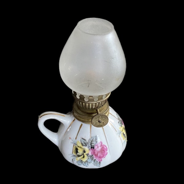 Oil Lamp Miniature Shafford Japan Hand Painted Pink Yellow Roses Flowers Floral Gold Stripes