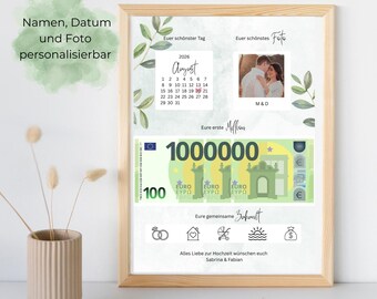 結婚式用のパーソナライズされた金銭ギフト | 最初の100万ドルの結婚祝い | フォトフレーム | デジタルダウンロード
