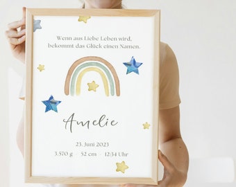 May include: A watercolor rainbow with yellow stars and a blue star on a white background. The text "Wenn aus Liebe Leben wird, bekommt das Glück einen Namen." is at the top. The name "Amelie" is written in cursive below the rainbow. The date "23. Juni 2023" and the measurements "3.570 g 52 cm 12:34 Uhr" are below the name.