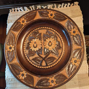 Hand Carved Wood Plate, Decorative, Floral Design