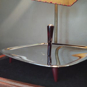 Square MCM Snack Tray with Cherry Red Bakelite Handle and Feet