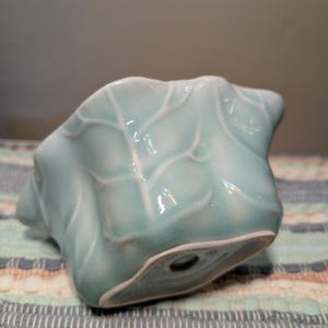 May include: A light blue ceramic vase with a leaf-like design. The vase has a unique, organic shape with visible veining details and a glossy finish. The base is white, and the vase has a small hole.