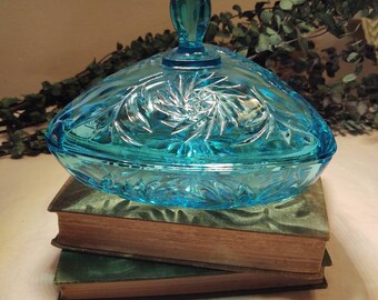 Aqua Blue Triangle Shaped Lidded Dish, Pinwheel Star Pattern