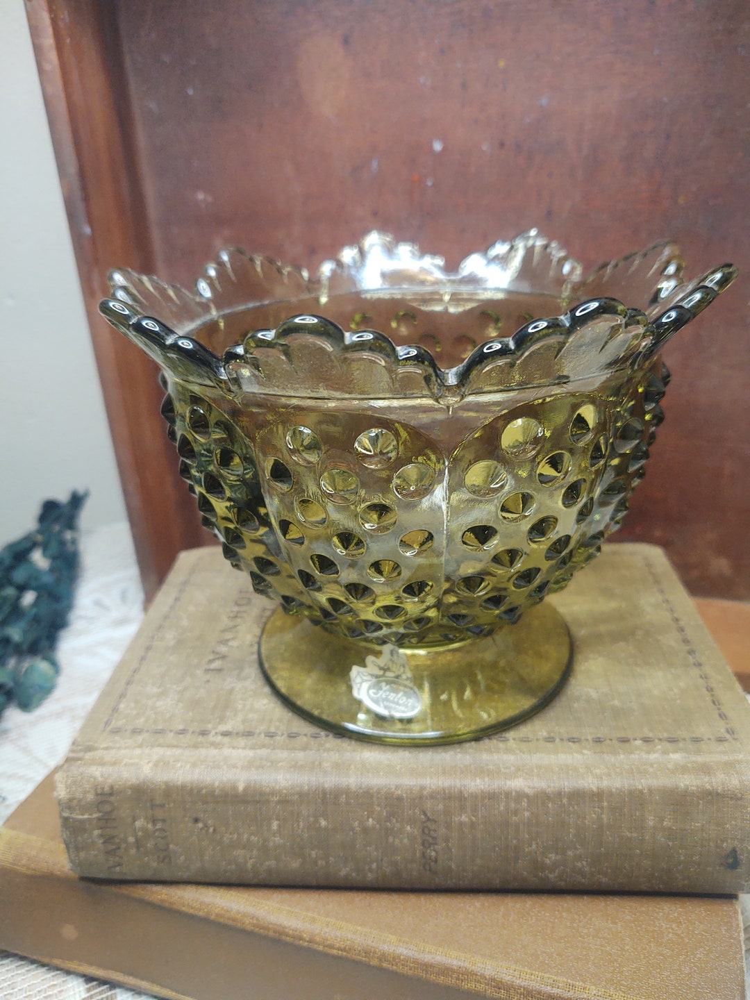 Fenton Hobnail Avocado Green Candy Dish Etsy