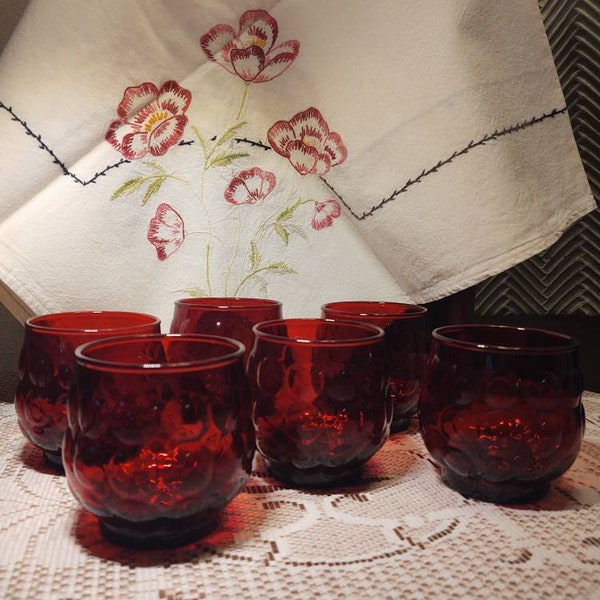 Ruby Red Glasses, Set of 6, Bubble Pattern, Anchor Hocking