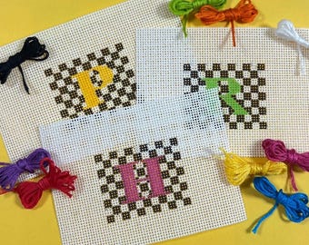 Needlepoint Monogram Canvas: Personalized Initial Bag Charm - Black & White Checkered