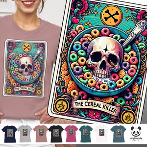 Cereal Killer Funny Tarot Card Tshirt, Sarcastic Skeleton Print On Garment Design, Witchy Skull True Crime Lover Trendy Tshirt Mug