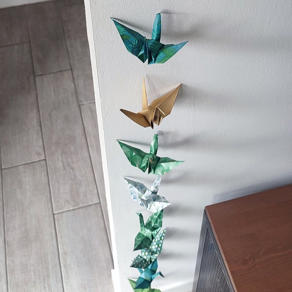 Guirlande Origami grues - vert, vert d'eau, blanc, doré - version 3