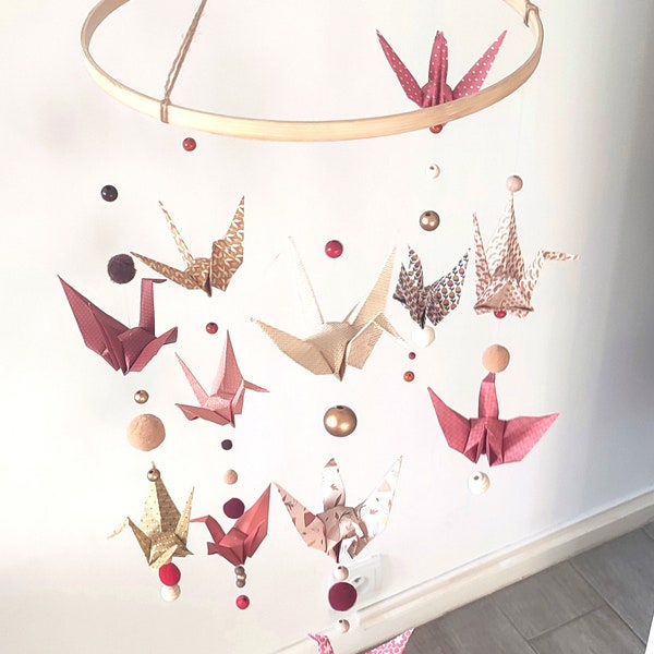 Mobile en bois Origami - Grues - Terracotta, beige, marron