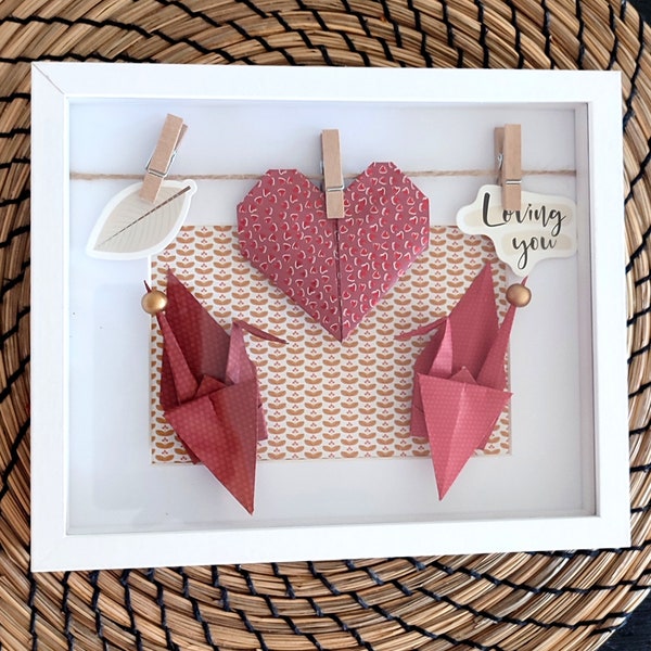 Frame Origami cranes and heart - Terracotta, beige and gold