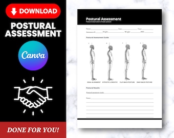 May include: Black and white printable postural assessment guide with illustrations of different postures, including ideal alignment, kyphotic-lordotic, flat-back, and sway-back postures. The guide includes sections for name, assessment number, height, weight, date, time, and BMI. There is also a section for postural results and notes.