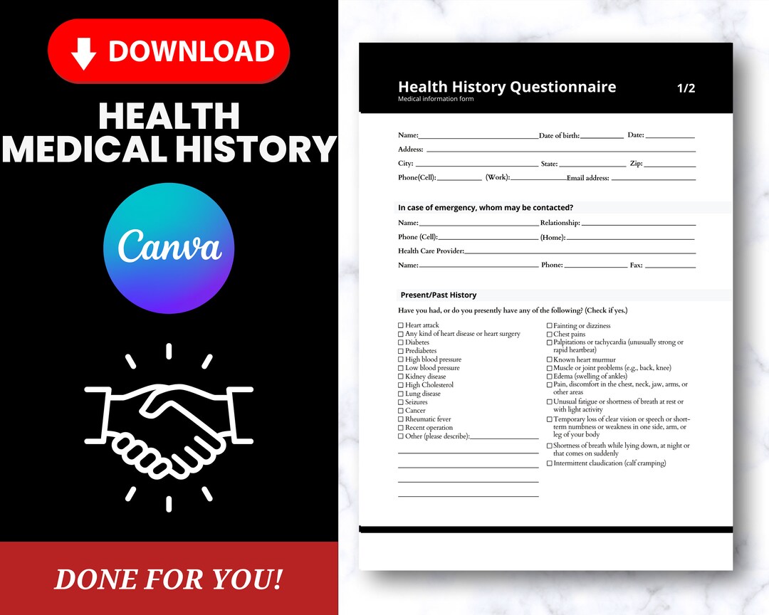 MEDICAL HISTORY Personal Trainer Form, Health History Template, Fitness ...