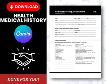 May include: A black and white printable health history questionnaire form with the title "Health History Questionnaire" and the text "Medical Information Form". The form includes sections for personal information, emergency contact, and a present/past history checklist.