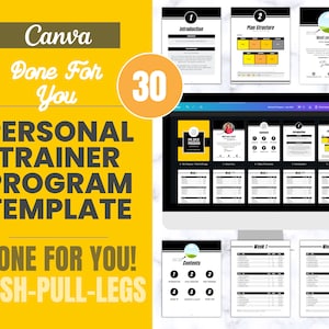 May include: A Canva template for a 30-day personal trainer programme with a push-pull-legs workout plan. The template includes a contents page, introduction, plan structure, and weekly workout plans.