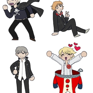 May include: A cartoon illustration of four anime-style characters. One character is in a black outfit with a skull and crossbones, another is wearing a black suit and headphones, a third is in a black suit, and the last is in a red and white outfit.