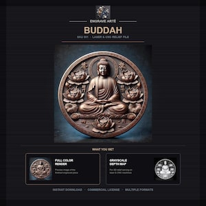 May include: A circular bronze-toned relief carving featuring a central seated Buddha figure surrounded by lotus flowers and Asian characters. The design includes a full-color render and a grayscale depth map for laser and CNC machines.
