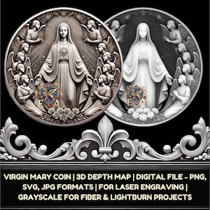 Arquivo digital de mapa de profundidade 3D da moeda da Virgem Maria - formatos PNG, SVG, JPG para gravação a laser | Escala de cinza para projetos de fibra e LightBurn