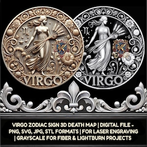 Virgo Sternzeichen Münze 3D Tiefe Karte Digitale Datei - PNG, SVG, JPG Formate für die Lasergravur | Graustufen für Fibre & LightBurn Projekte