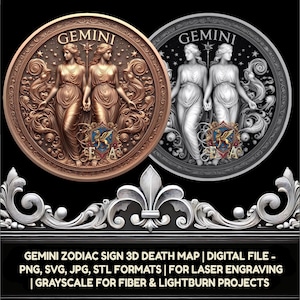 Zwilling Sternzeichen 3D Tiefe Karte Digitale Datei | PNG-, jpg-, STL-Format | CNC-Gravur, Lasergravur, 3D-Druck | Astrologie-Kunst, Zwillinge Symbol