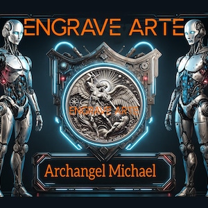 Mappa di profondità 3D della moneta dell'Arcangelo Michele - File digitale - Formati PNG, SVG, JPG per incisione laser / scala di grigi per progetti Fiber & LightBurn