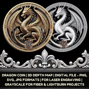 Könnte beinhalten: Zwei goldene und silberne Drachenmünzen mit filigranen Details. Die Münzen verfügen über eine 3D-Tiefenkarte und eignen sich für die Lasergravur. Die Münzen sind mit "ELEGION" beschriftet.