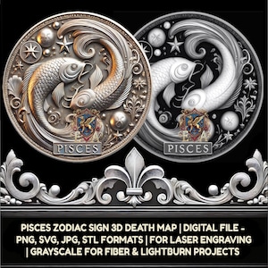 Fische Sternzeichen Münze 3D Tiefe Karte Digitale Datei - PNG, SVG, JPG Formate für die Lasergravur | Graustufen für Fibre & LightBurn Projekte