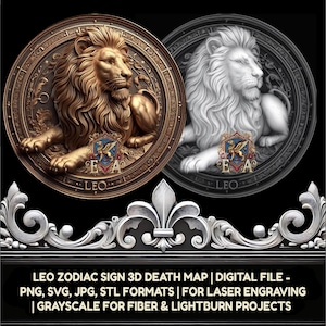 Löwe Sternzeichen Münze 3D Tiefe Karte Digitale Datei - PNG, SVG, JPG Formate für die Lasergravur | Graustufen für Fibre & LightBurn Projekte