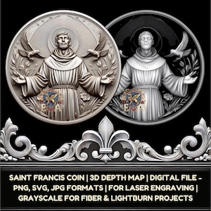 Saint Francis Münze 3D Tiefe Karte Digitale Datei | PNG, jpg, STL | CNC-Gravur, Lasergravur, 3D-Druck | Religiöse Kunst, Katholische Münze
