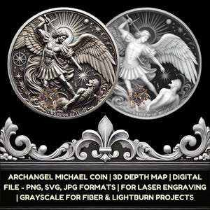 Erzengel Michael Münze 3D Tiefe Karte Digitale Datei - PNG, SVG, JPG Formate für die Lasergravur | Graustufen für Fibre & LightBurn Projekte