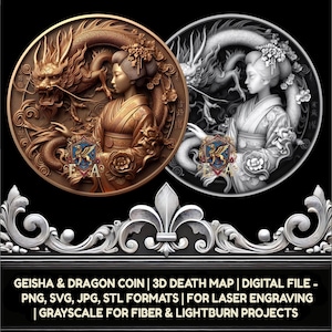 Geisha & Dragon 3D Depth Map Digital File | PNG, jpg, STL Formats | CNC Carving, Laser Engraving, 3D Printing | Japanese Art, Mythical Decor