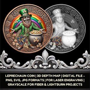 May include: A 3D depth map of a leprechaun coin featuring a rainbow, shamrocks, and a pot of gold. The coin is set within a circular frame with a Celtic knot design. The image is in grayscale and is suitable for laser engraving.